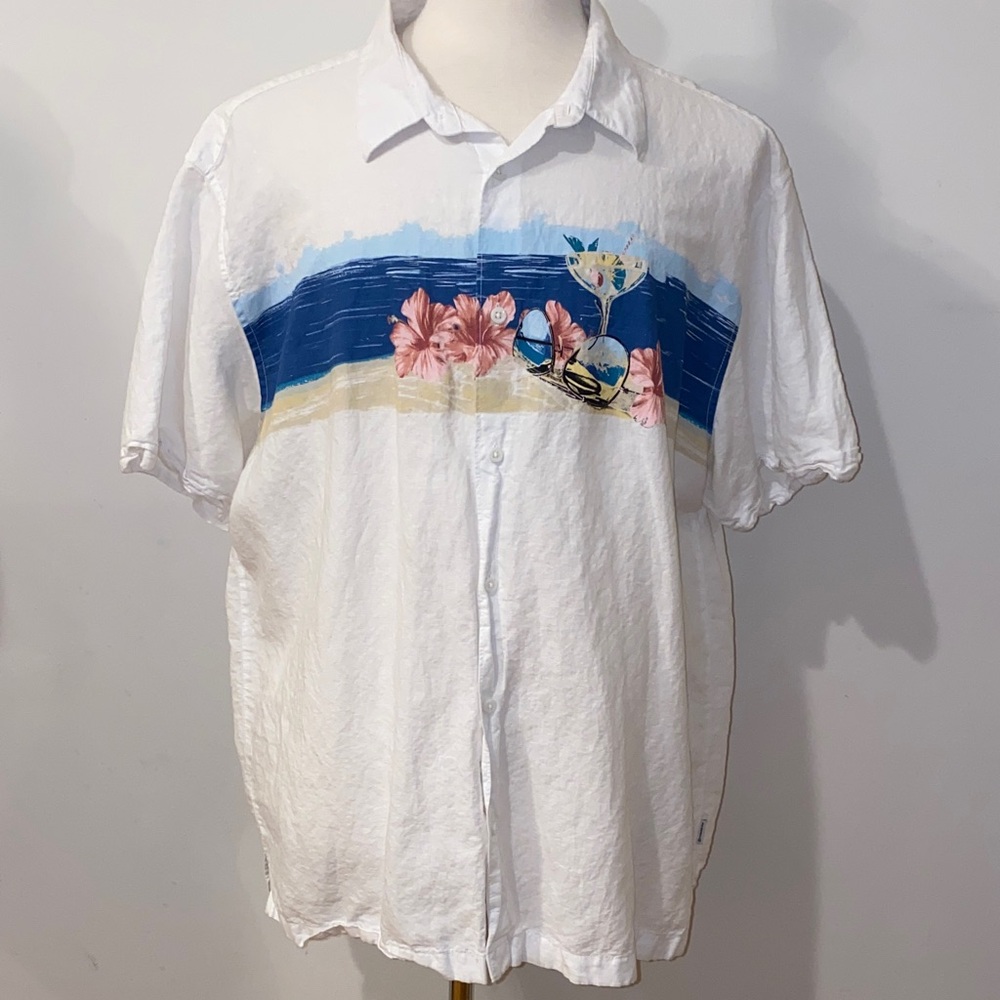 Cubavera Linen Blend Short-Sleeve Button-Down Blue Stripe & Pink Floral Size XXL